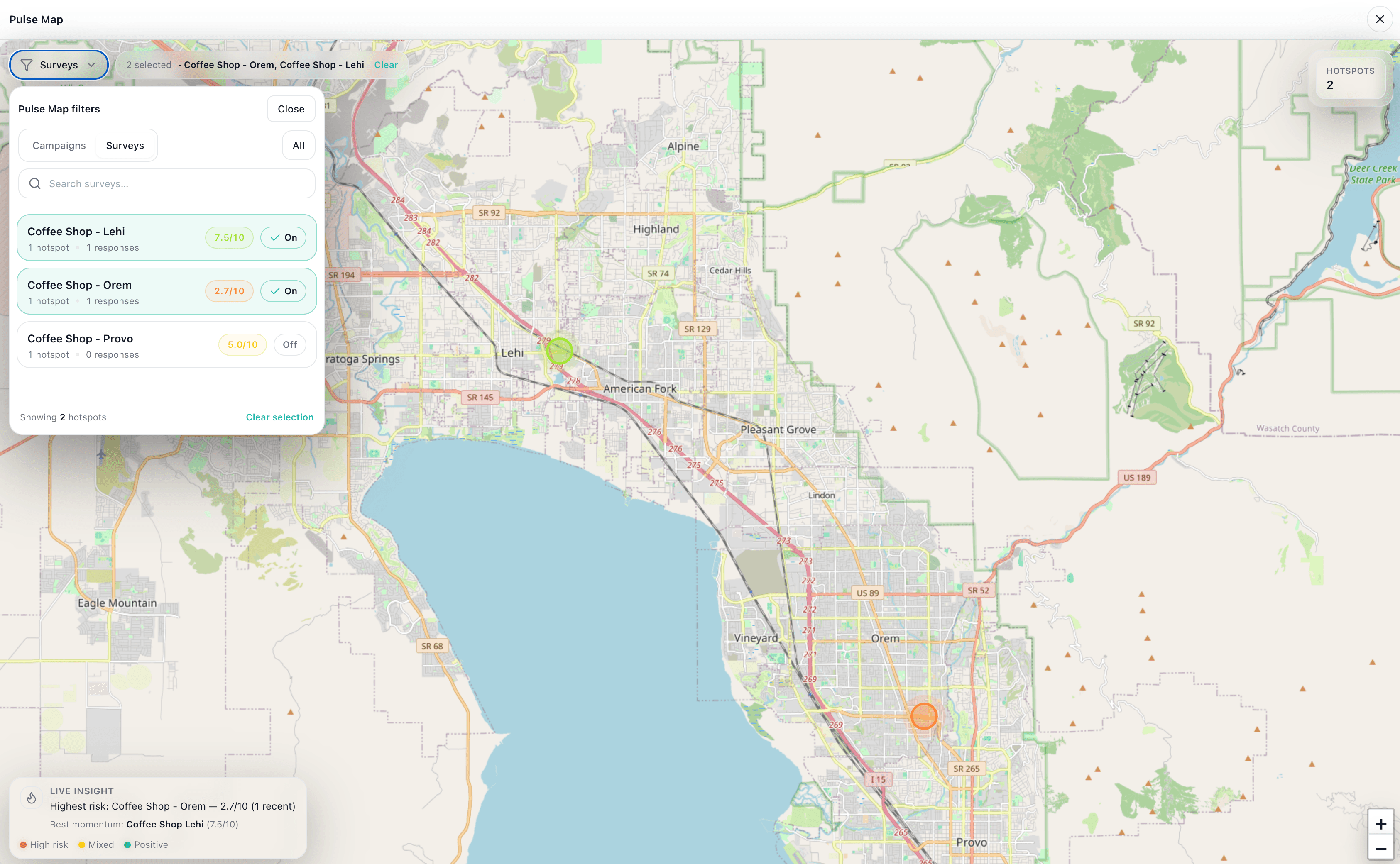 Surveyi Pulse Map preview showing hotspots and filters